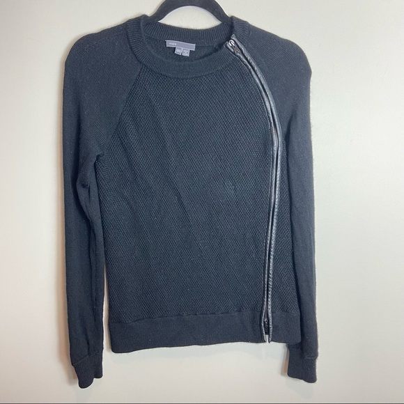 Vince 100% wool leather trimmed zip textured black sweater size XXS - Picture 2 of 9